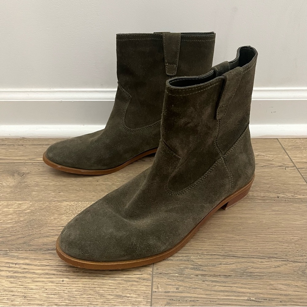 Rebecca Minkoff Chasidy Low Heel Ankle Booties Suede Leather Green Size US 7.5